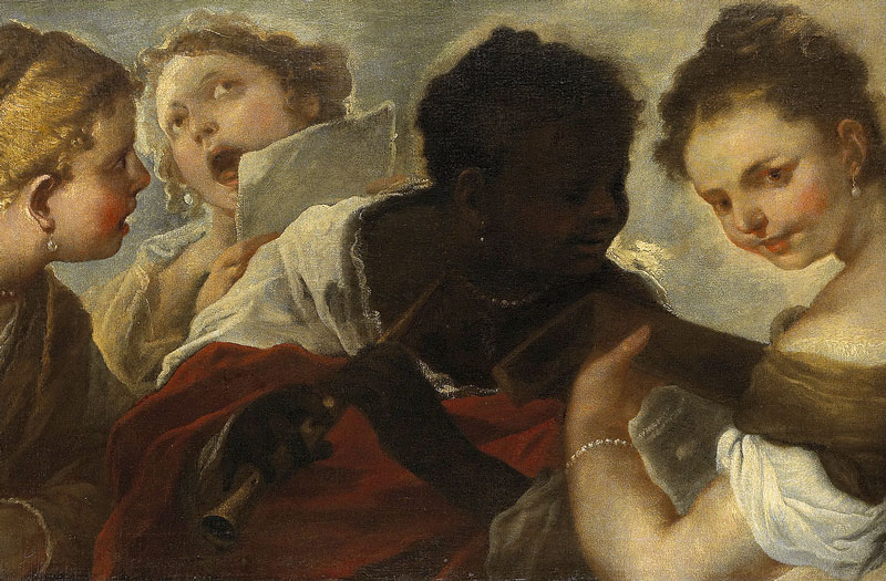 Oil painting depicting four figures closely gathered, with a contrast of light and shadow emphasizing their expressions and intricate attire.