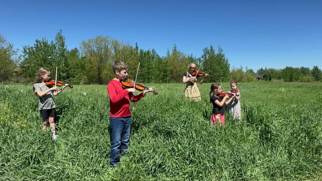 A group of children playing violins in a grassy field with trees in the background under a clear blue sky.