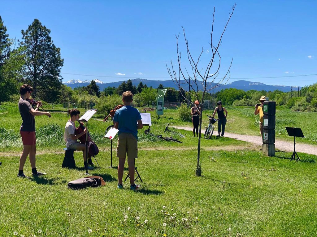 A group of six people are playing musical instruments outdoors in a green park with mountains in the background.