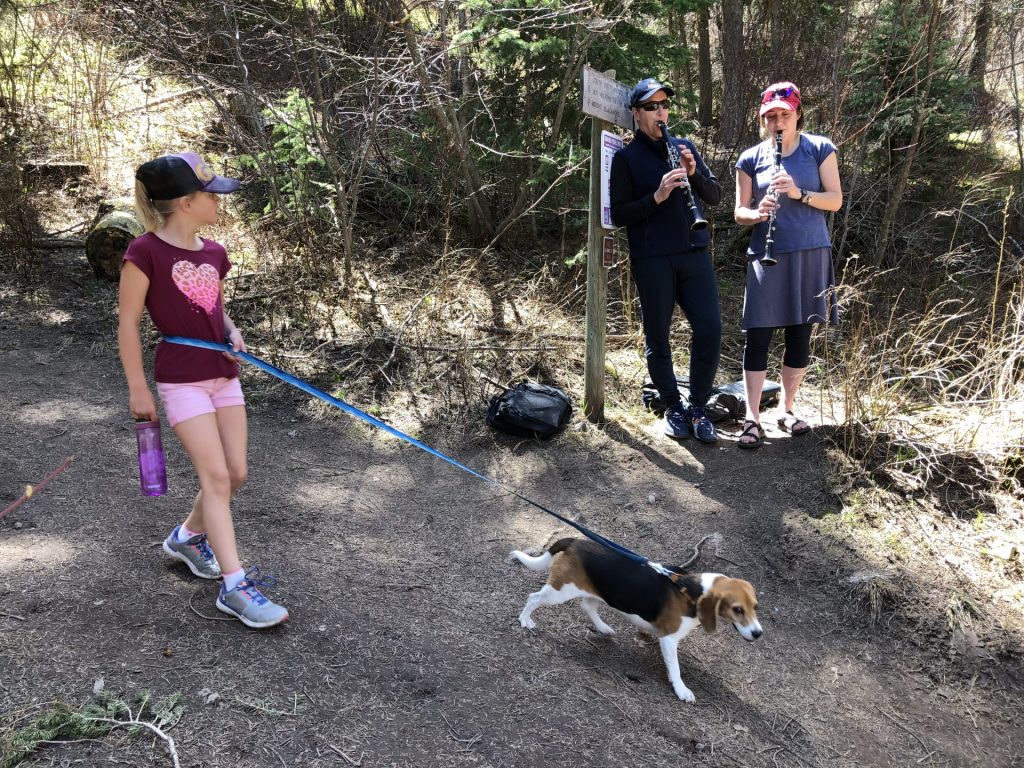 A girl walks a beagle on a leash along a forest trail while two adults play clarinets near a wooden sign; sunlight filters through the trees.