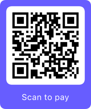 A black-and-white QR code centered on a purple background with the text 